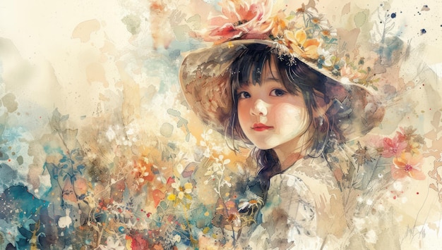 Watercolor of beautiful girl with a beautiful headband of flowers on their head