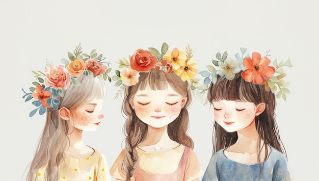 Watercolor of beautiful girls with a beautiful headband of flowers on their heads