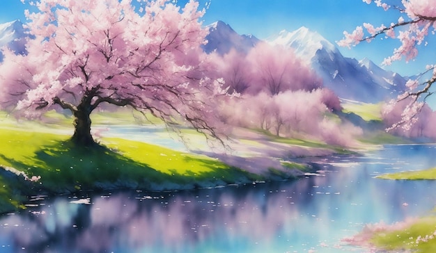 Watercolor beautiful landscape view of pink cherry blossom tree and mountain lake blue sky created with generative AI technology