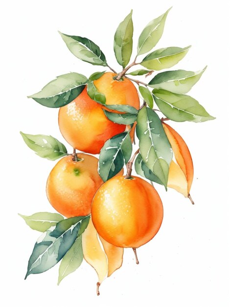 watercolor Beautiful Orange fruit with leaves