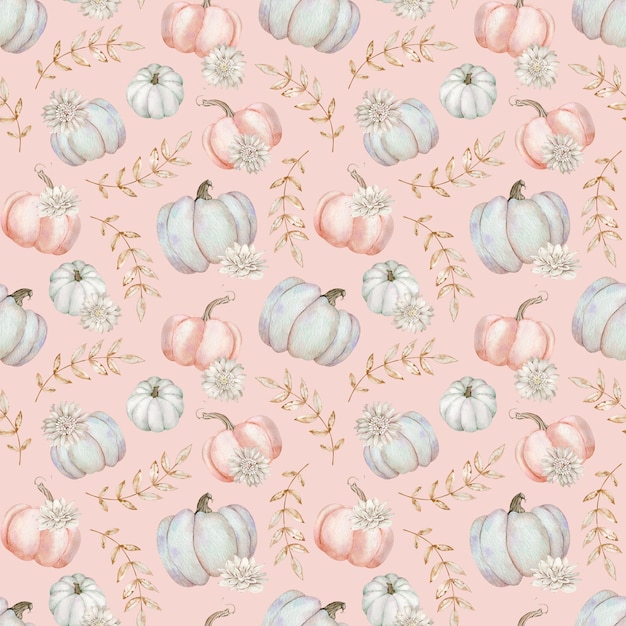 Watercolor beautiful pumpkins background. Pink and grey pumpkins seamless pattern. Fall background. Thaksgiving day illustration. Autumn flowers and leaves.