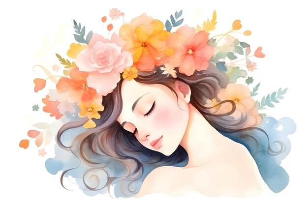 Watercolor beautiful sleeping girl with colorful flowers portrait for femininity fairy background