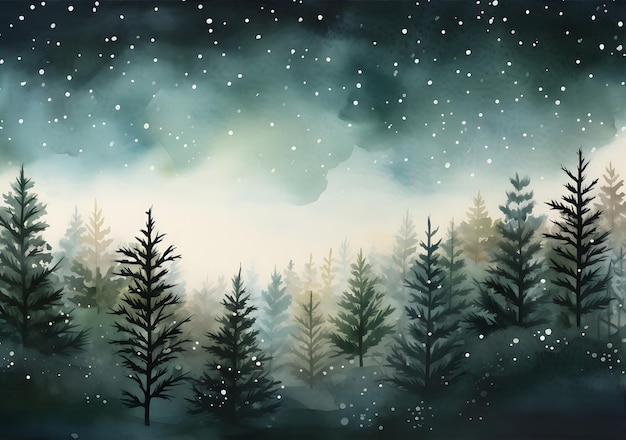緑の背景の美しい冬の風景の水彩画