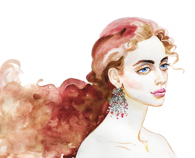 Watercolor beauty young woman. Hand drawn portrait of girl. Painting fashion illustration isolated