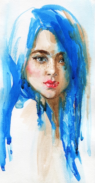 Foto giovane donna di bellezza dell'acquerello con capelli blu lunghi. ritratto verticale disegnato a mano illustrazione di moda di pittura isolata