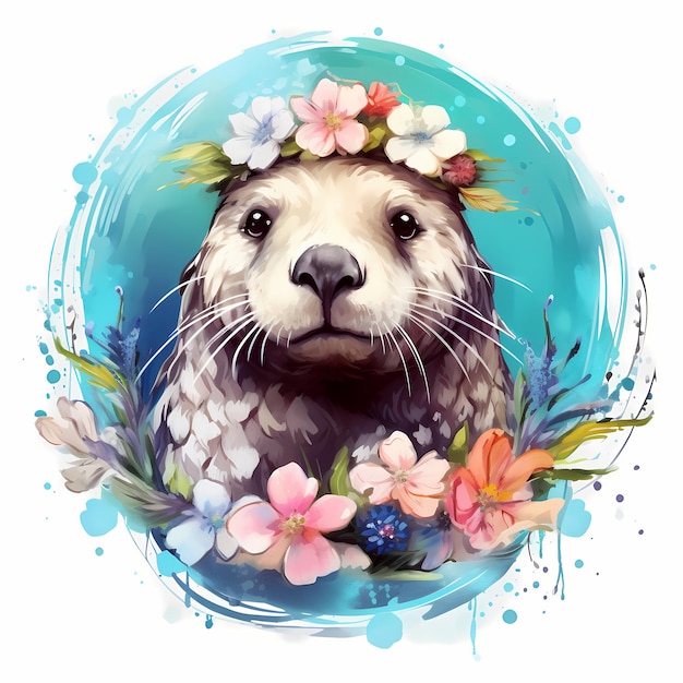 a watercolor of a beaver wearing a flower crown