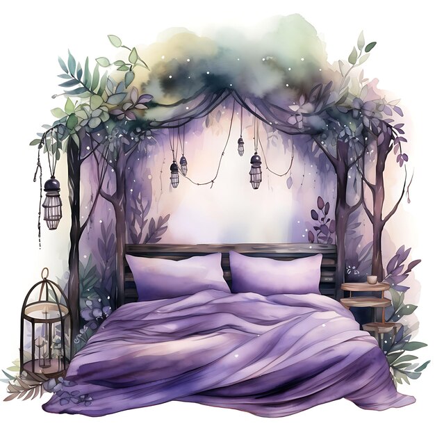 Watercolor of Bedroom With Enchanted Forest Deep Green and Mystical Purple Art Tshrit Sticker Ink