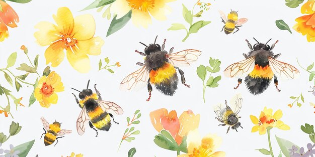 Watercolor Bees and Flowers Seamless Pattern