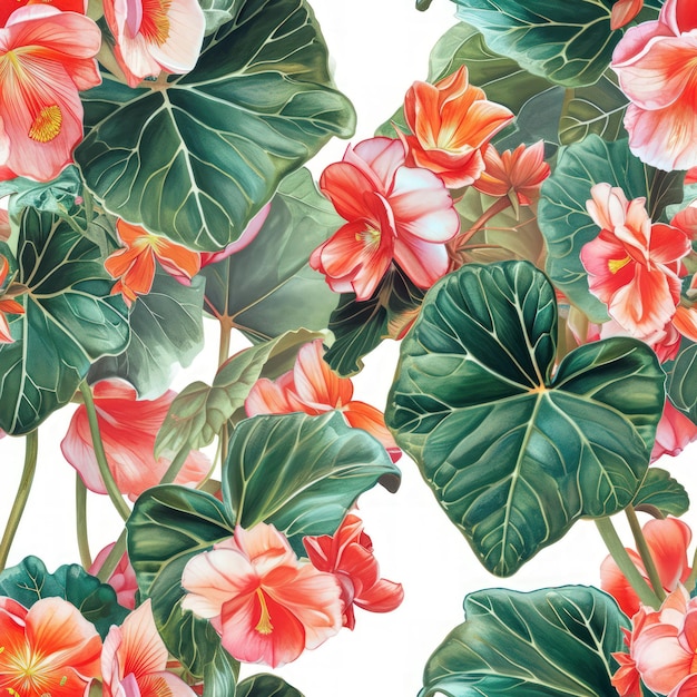Watercolor begonia with leaves background seamless pattern