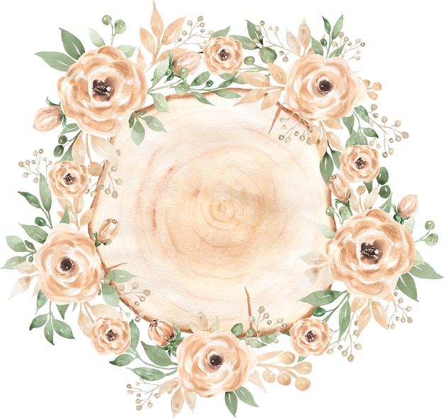 Photo watercolor beige peony flowers and wood slice wreath illustration garden roses leaves and wooden slice border arrangement clipart