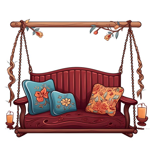 Watercolor of Bench Swing Paisley Print Cushions Braided Cords Deep Red Th Clipart Tshirt Isolated