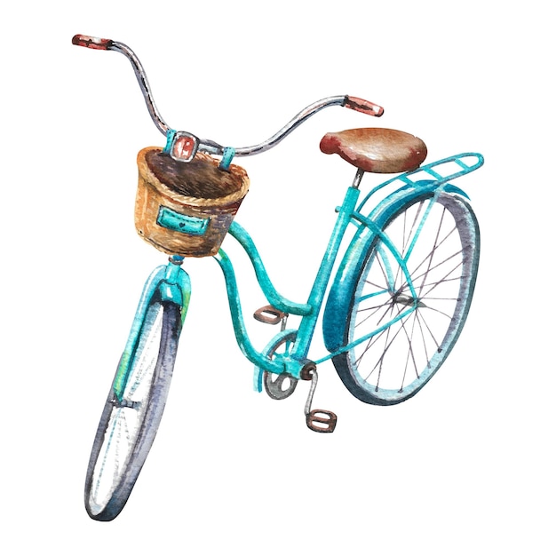 Watercolor bicycle Old blue retro bicycle with a basket on a white background