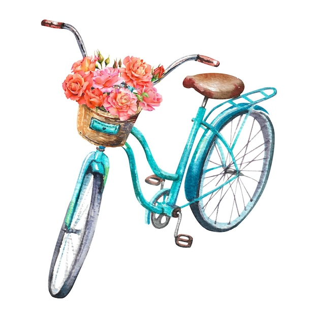 Watercolor bicycle Old blue retro bicycle with a flower basket on a white background