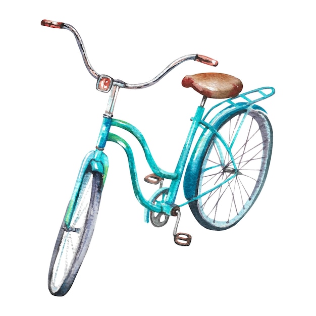 watercolor bicycle old blue retro bike on a white background