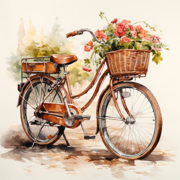 Photo watercolor bicycle with flowers in the basket isolated on white background