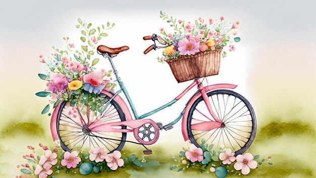 水彩の花の自転車 春のテーマ