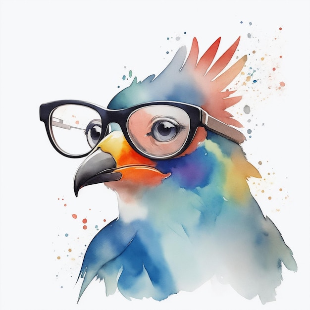 a watercolor bird wearing glasses