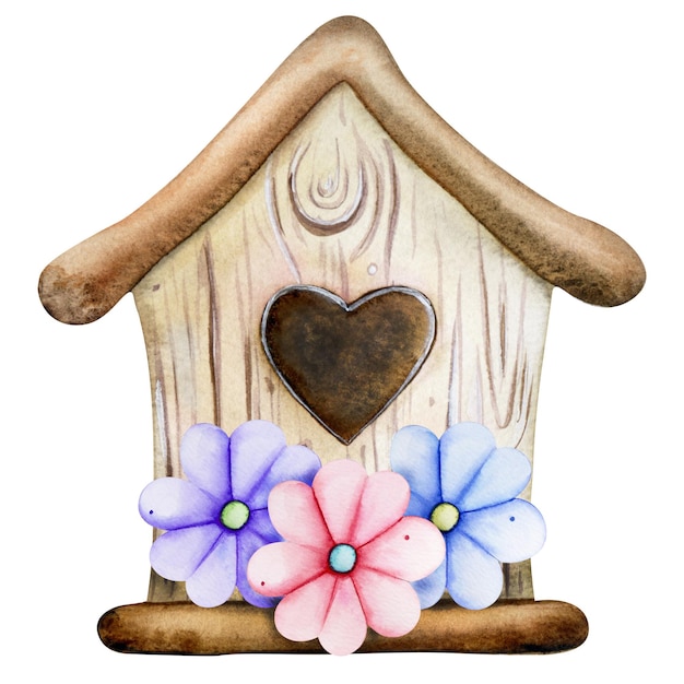 Watercolor birdhouse Hand painted nesting box isolated on white backgraund For decoration and design