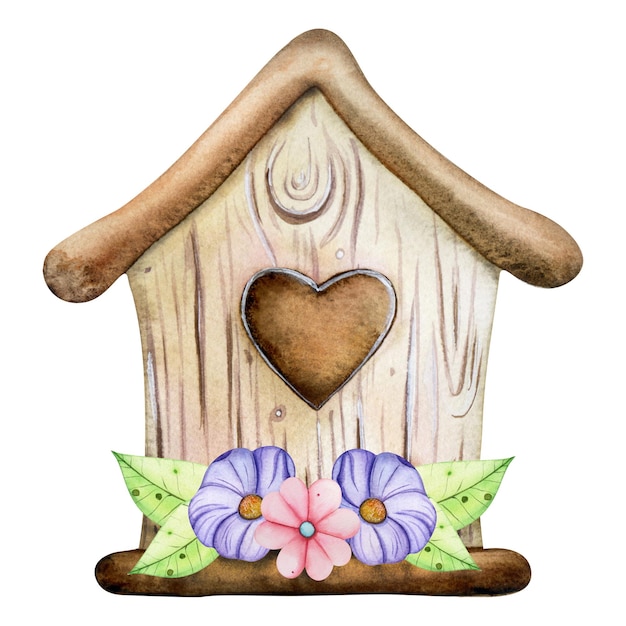 Watercolor birdhouse Hand painted nesting box isolated on white backgraund