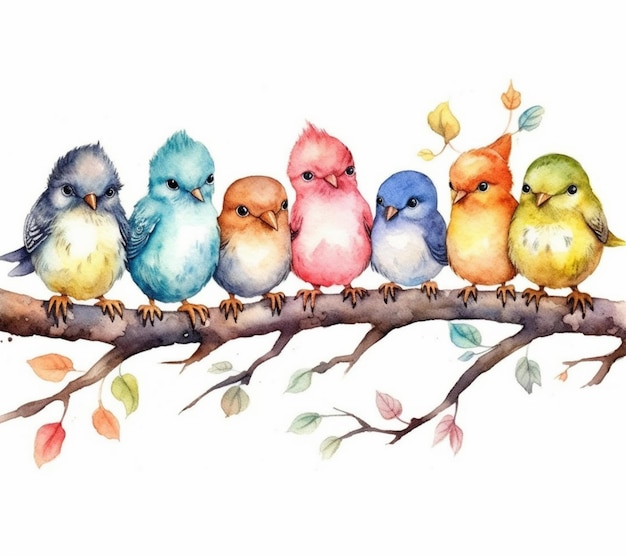 Watercolor birds on a branch