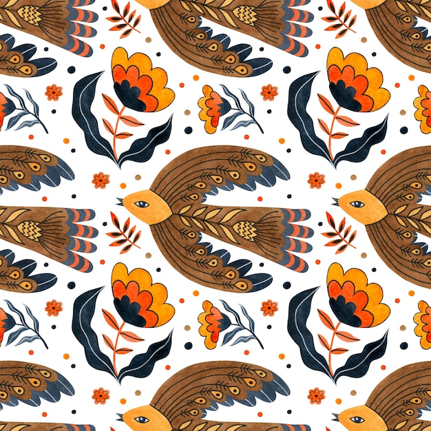 Watercolor birds and flowers seamless pattern in folk art