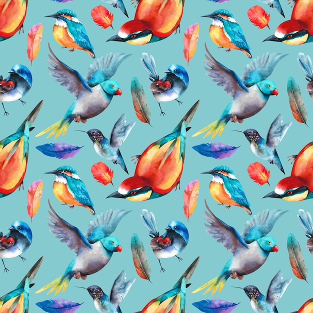 Watercolor birds Pattern of various birds on a turquoise background