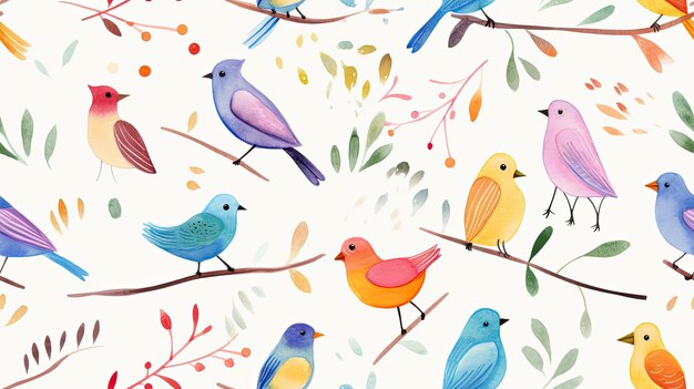 Watercolor birds whimsical pixel pattern