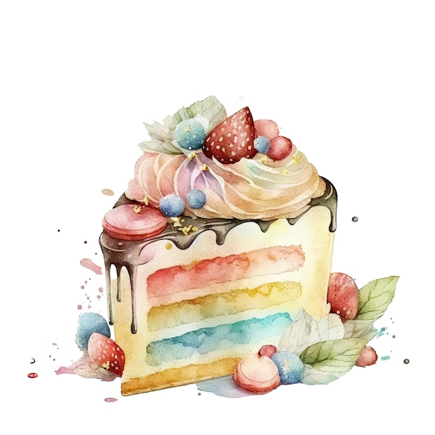 Watercolor Birthday Cake Illustration AI Generative