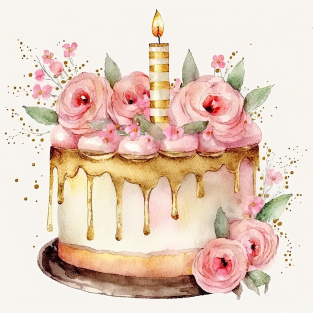 Watercolor Birthday Cake Illustration AI Generative