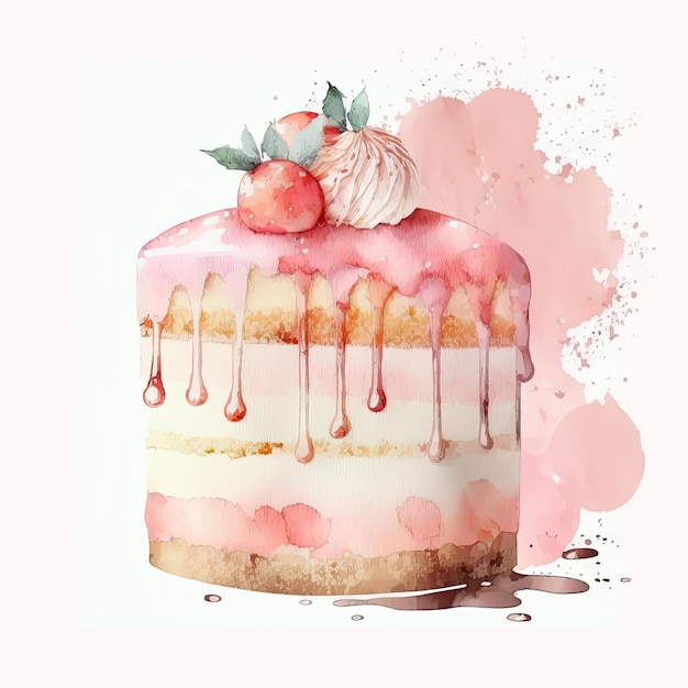 Watercolor Birthday Cake Illustration AI Generative