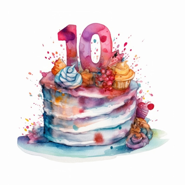 Акварельный торт ко дню рождения Иллюстрация AI GenerativexA
