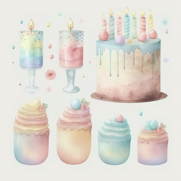 Watercolor birthday cake with candles and a candle