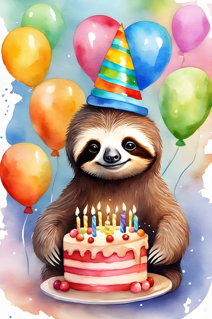 Фото Акварельная открытка на день рождения ленивец в шляпе с тортом на день рождения с воздушными шарами