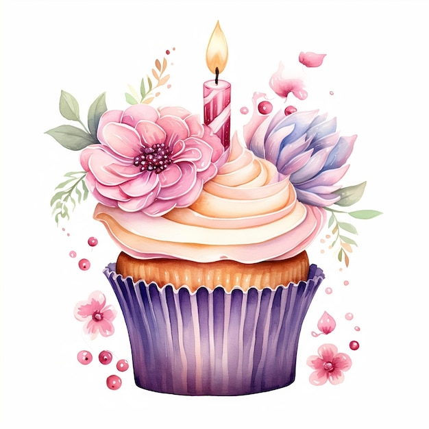 Foto acquerello torta di compleanno con fiori candela isolata su sfondo bianco muffin ai generato