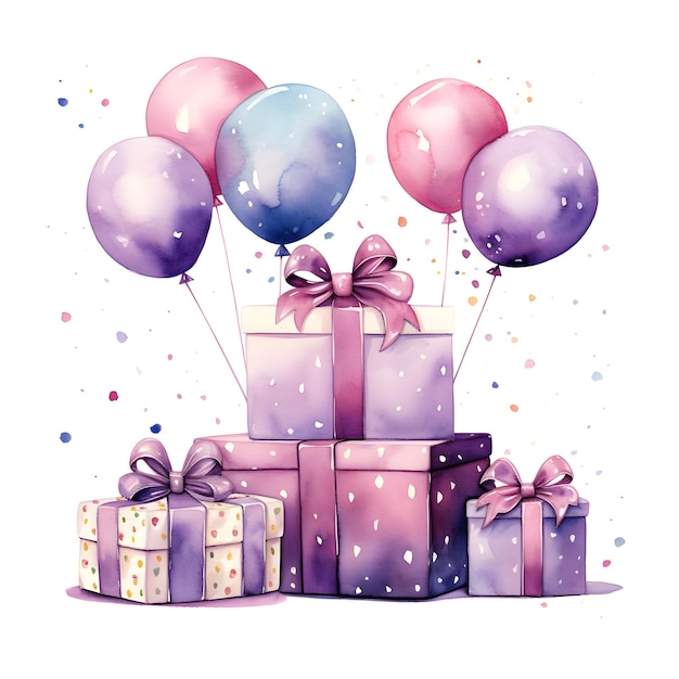 Photo watercolor birthday presents balloons cake