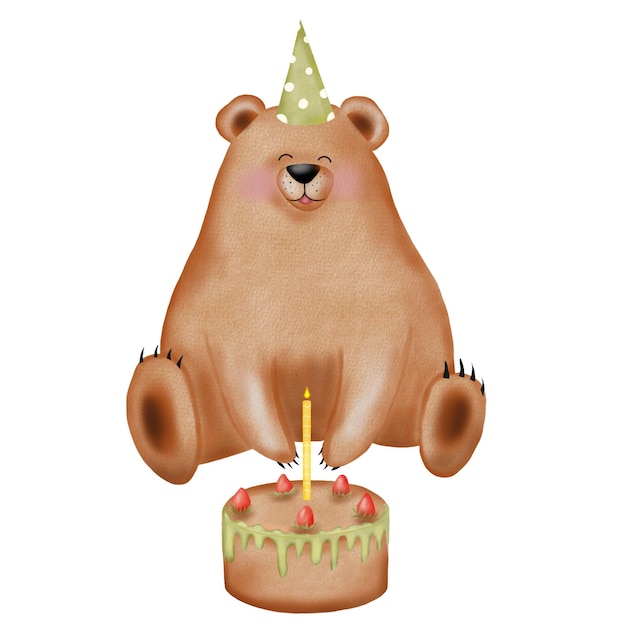 Watercolor birthday teddy bear on isolated white background hand drawn drawing of a cute animal in a