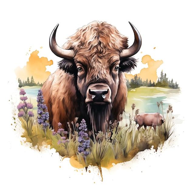 Watercolor Bison Wild Animal Surrounded by Prairie Clover Co on White Background Digital Art