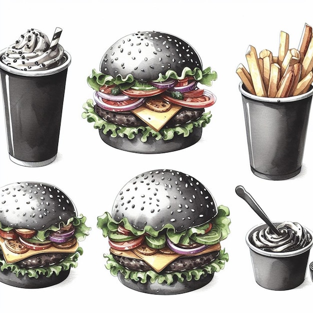 Foto acquerello burger nero set di clip art