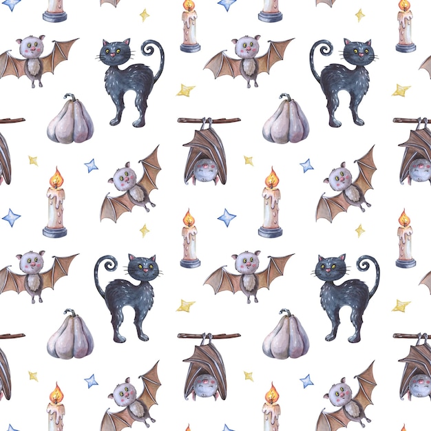 Photo watercolor black cat bat and candle halloween seamless pattern