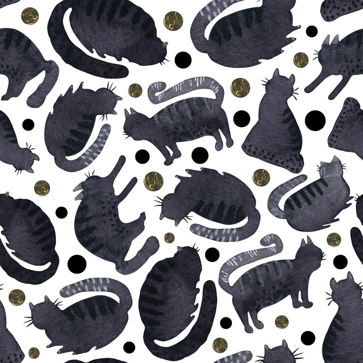 Photo watercolor black cats seamless pattern with black and golden circles