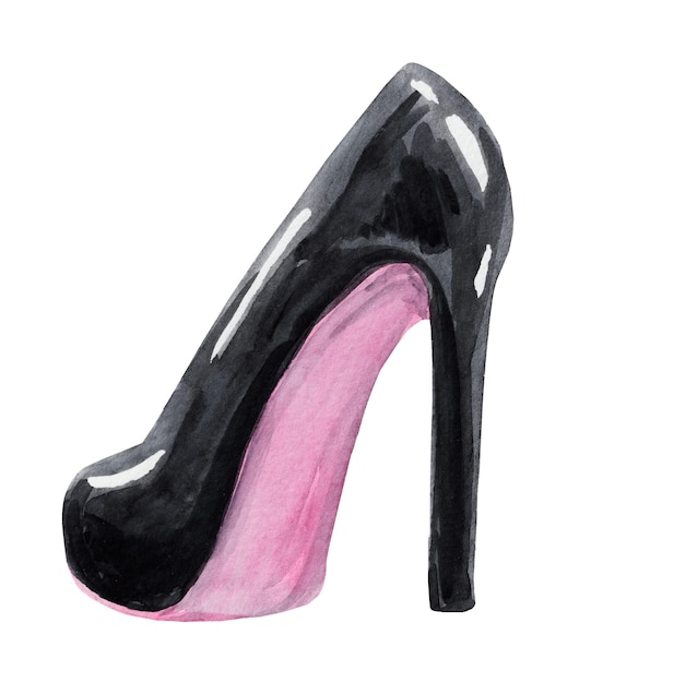 Watercolor black high heel shoe side view isolated on white