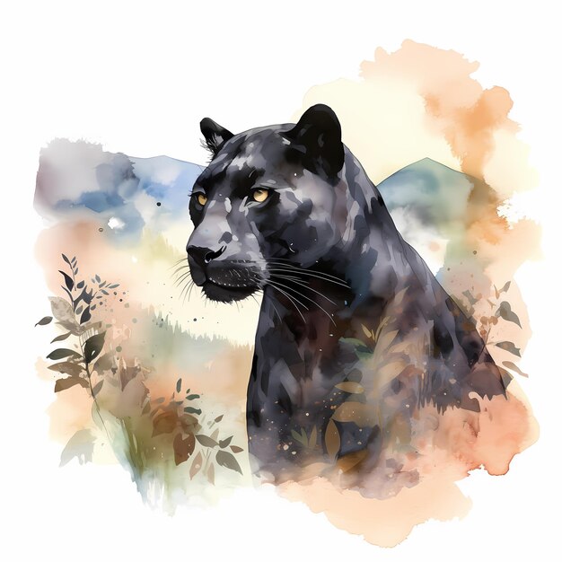 Photo watercolor black panther in jungle