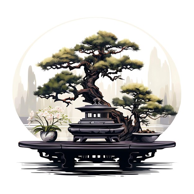 Foto acquerello bonsai di pino nero lacca vaso aghi come foglie tranquilla re clipart maglietta isolata