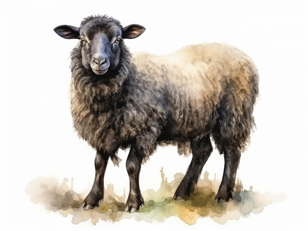 Watercolor Black Sheep Portrait Isolated Aquarelle Lamb Creative Watercolor White Sheep on White Background Ram Drawing Generative AI Illustration