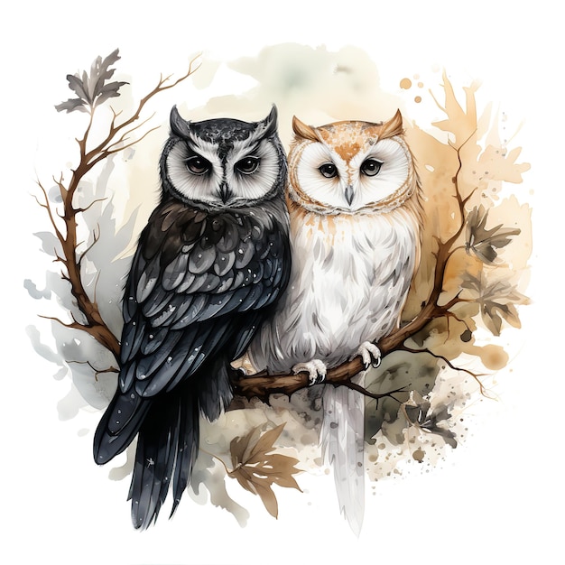 watercolor black and white owls on perched branch with isolated white background