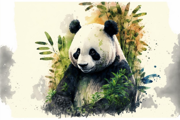 Акварель черно-белая панда ест зеленый бамбук
