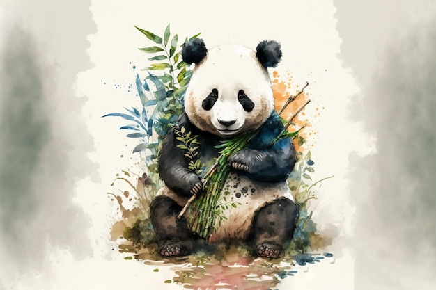 Watercolor black and white panda eating green bamboo