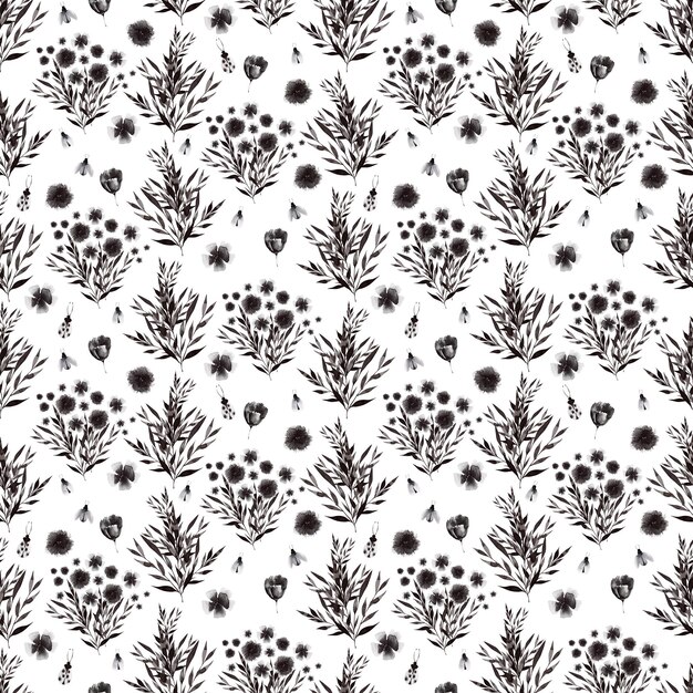 Watercolor black and white seamless pattern with plants and beetles