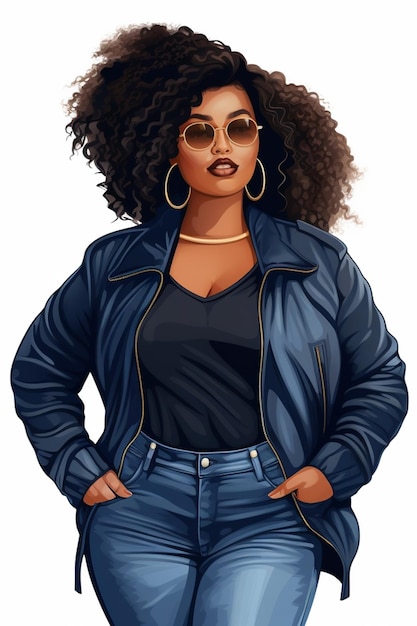 Photo watercolor black woman white background illustration denim girls fashion girls curvy girl afro