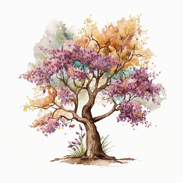 Watercolor blooming cherry tree illustration on white background Ai generated